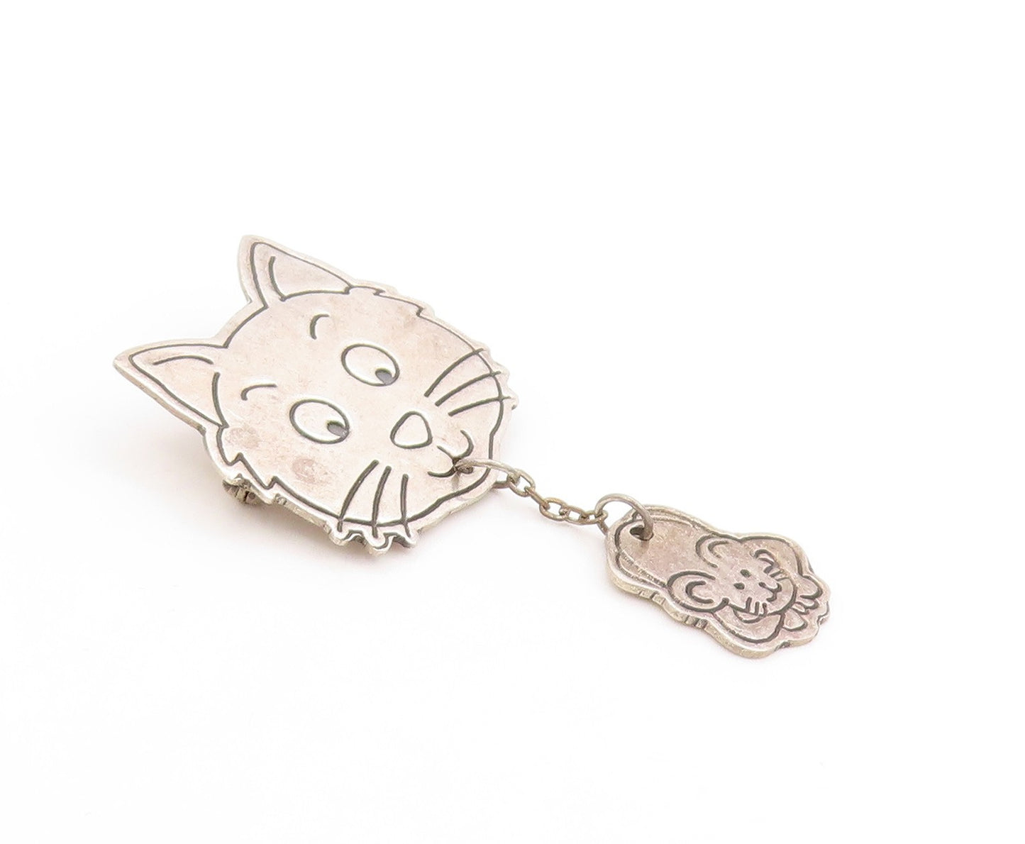 925 Sterling Silver Vintage Brooch MEXICO Frenemies Cat & Mouse Dangle  BP11856
