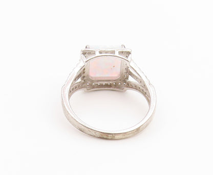 925 Sterling Silver Vintage Ring Fire Opal & CZ Statement Band  Sz 8  RG36698