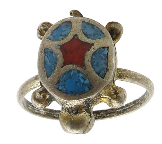 SOUTHWESTERN 925 Silver Vintage Turquoise Coral Turtle Ring Sz 5 RG16103