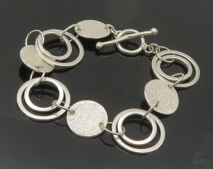 925 Sterling Silver  Vintage Shiny Open Circle Textured Chain Bracelet  BT7073