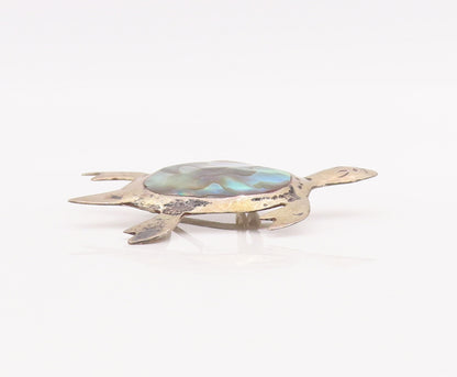 925 Sterling Silver Vintage Brooch Pin Oval Abalone Inlay Turtle  BP11001