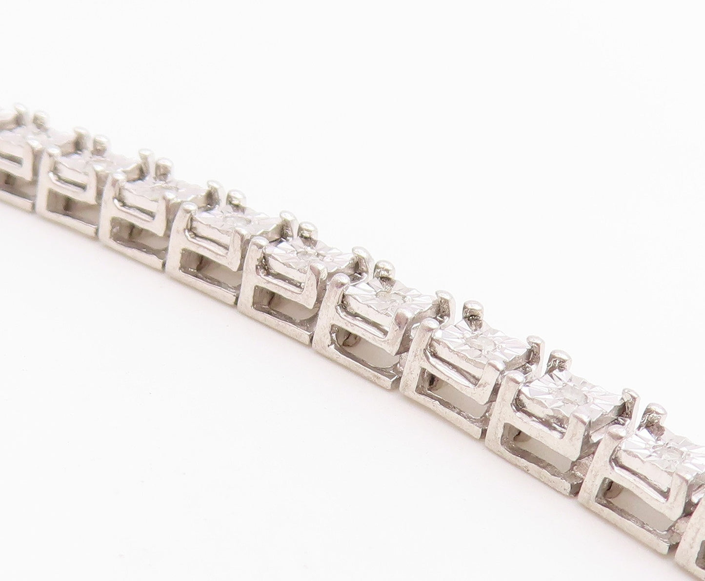 925 Sterling Silver Vintage Bracelet Real Diamonds Square Tennis Link  BT12228