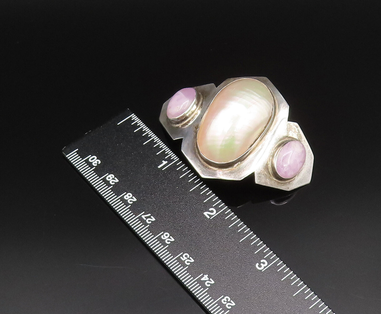 DESIGNER 925 Silver  Vintage Mother Of Pearl & Purple Jade Brooch Pin  BP9802