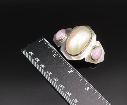DESIGNER 925 Silver  Vintage Mother Of Pearl & Purple Jade Brooch Pin  BP9802