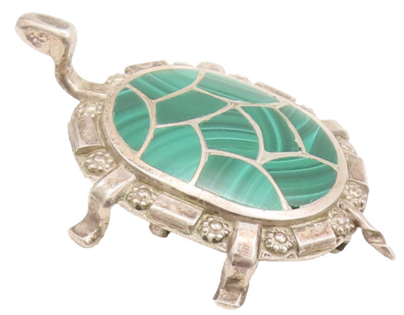 925 Sterling Silver Vintage Brooch Pin NAVAJO ZUNI Malachite Back Turtle BP10689
