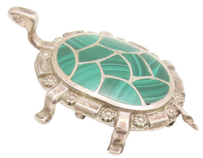 925 Sterling Silver Vintage Brooch Pin NAVAJO ZUNI Malachite Back Turtle BP10689