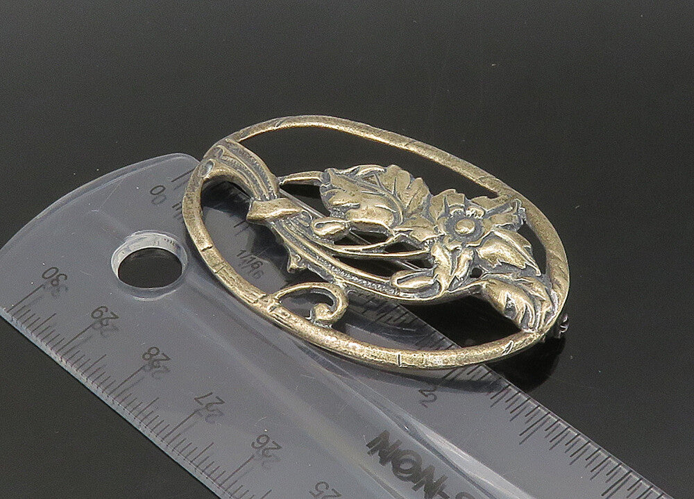925 Sterling Silver  Vintage Dark Tone Floral Motif Oval Brooch Pin  BP8650