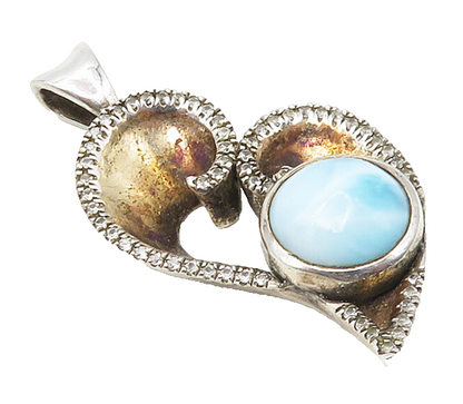 925 Sterling Silver  Vintage Genuine Diamonds & Larimar Heart Pendant  PT13404