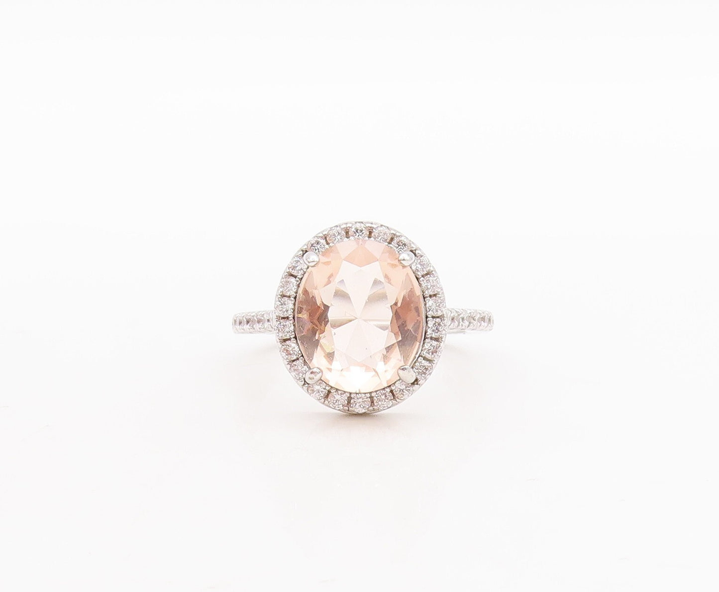 925 Sterling Silver Vintage Ring Oval Cut Morganite Halo CZ  Sz 7  RG29689