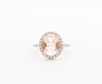925 Sterling Silver Vintage Ring Oval Cut Morganite Halo CZ  Sz 7  RG29689