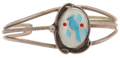 925 Sterling Silver Vintage Bracelet NAVAJO ZUNI Mother Of Pearl Bird  BT11783
