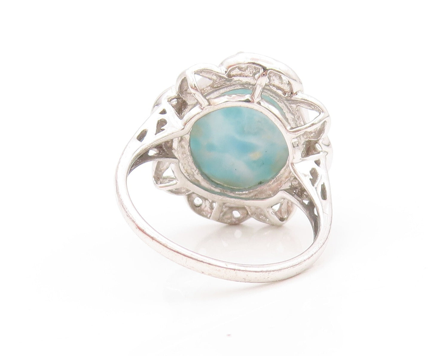 925 Sterling Silver Vintage Ring Larimar & Topaz Floral Design  SZ 8.5 RG32084