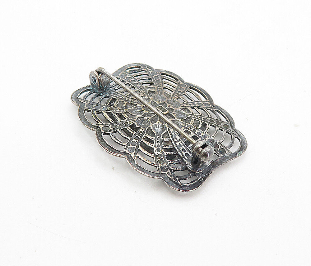 925 Sterling Silver  Vintage Inlaid Black Onyx Dark Tone Brooch Pin  BP3007