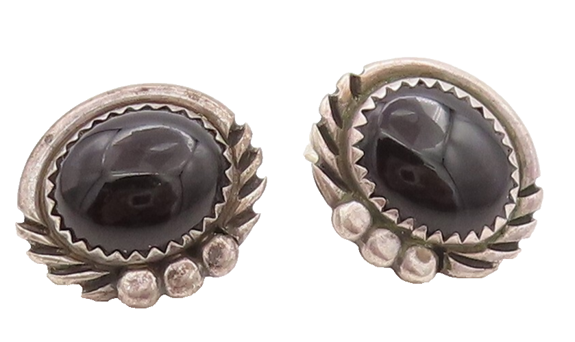 925 Sterling Silver Vintage Earrings NAVAJO Cabochon Onyx Halo Carved  EG13119