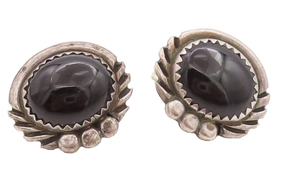 925 Sterling Silver Vintage Earrings NAVAJO Cabochon Onyx Halo Carved  EG13119