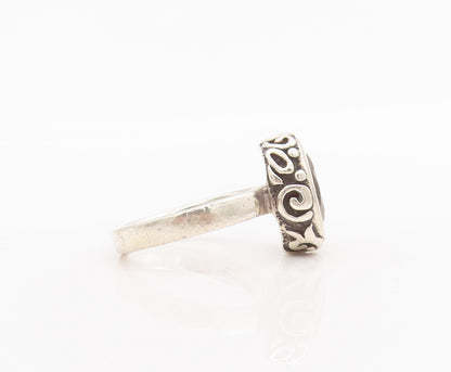 925 Sterling Silver Vintage Ring Swirly Carved Inlay Smokey Quartz Sz 6  RG27858