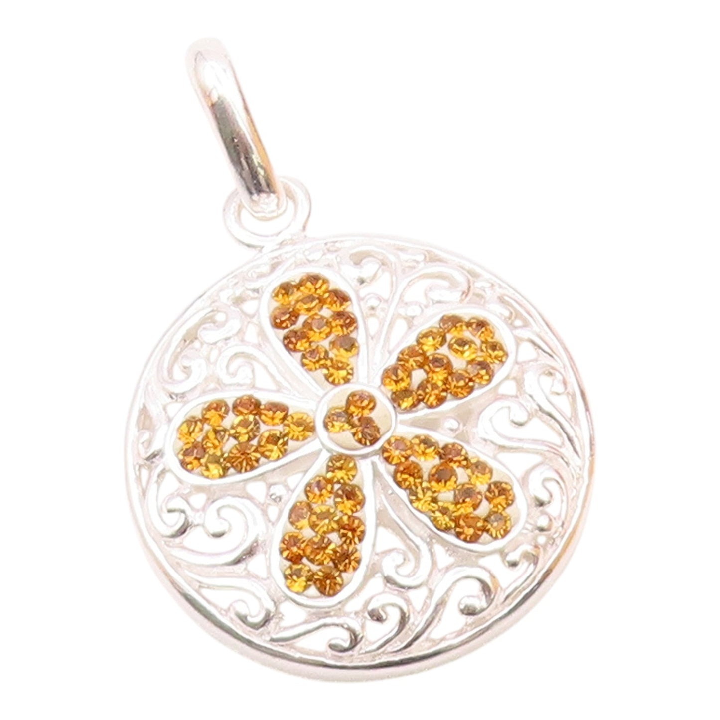 925 Sterling Silver  Citrine Flower Shiny Swirl Round Drop Pendant  PT14551