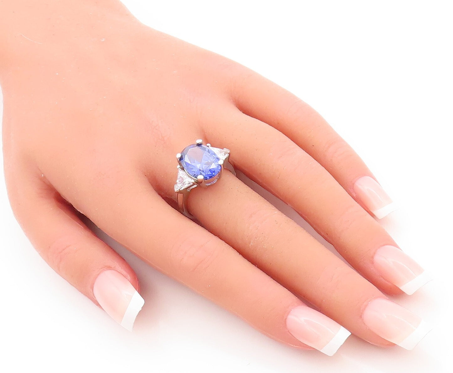 925 Sterling Silver Vintage Ring Oval Sapphire & Triangle CZ  Sz 7.5  RG29809