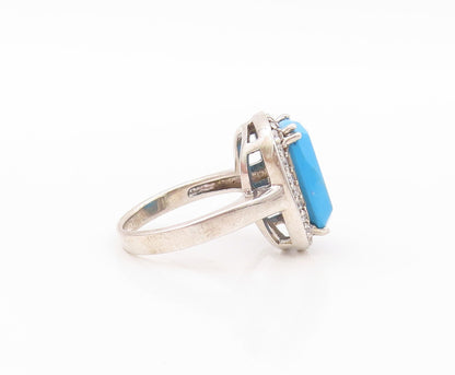 925 Sterling Silver Vintage Ring Rectangle Cut Turquoise Halo CZ  Sz 7  RG30297