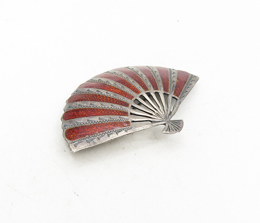 SIAM 925 Sterling Silver  Vintage Enamel Coated Hand Fan Brooch Pin  BP3396