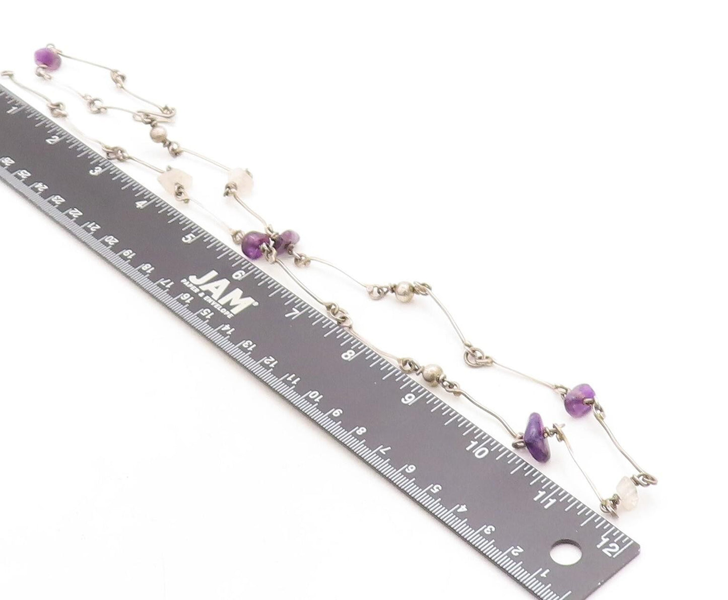 925 Sterling Silver Vintage Amethyst & Quartz Bar Link Chain Necklace NE2126