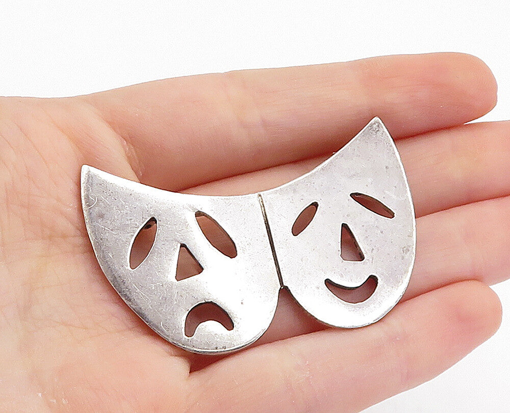 MEXICO 925 Sterling Silver  Vintage Happy Sad Theater Masks Brooch Pin  BP2626