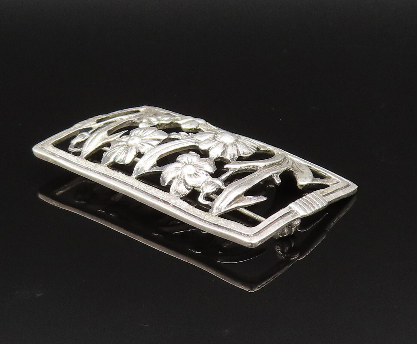 925 Sterling Silver  Vintage Antique Flower Cutout Dome Brooch Pin  BP9617