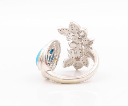 925 Sterling Silver Vintage Ring Designer Larimar & CZ Floral Cut  Sz 6  RG32499