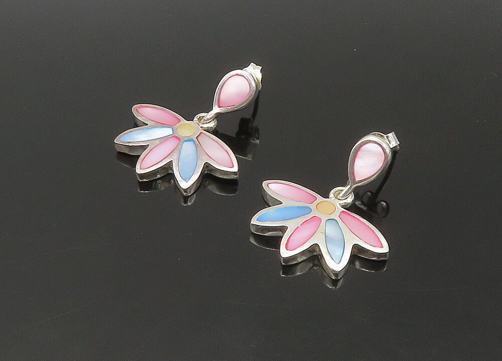 925 Sterling Silver  Vintage Mother Of Pearl Floral Dangle Earrings  EG11054