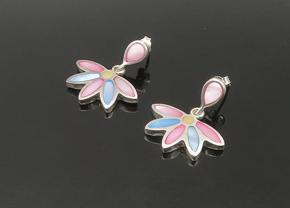 925 Sterling Silver  Vintage Mother Of Pearl Floral Dangle Earrings  EG11054