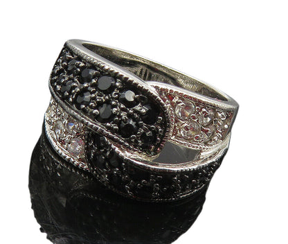 925 Sterling Silver  Black Hematite & Topaz Shiny Band Ring Sz 8  RG9445