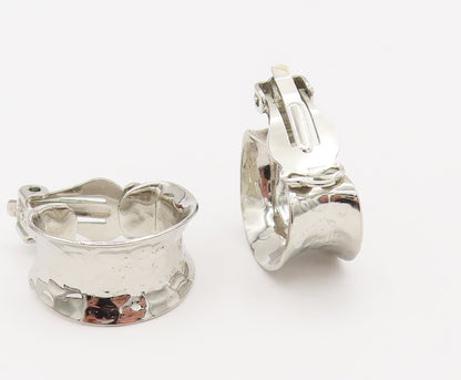 925 Sterling Silver Vintage Shiny Hammered Concave Clip Back Earrings EG12308