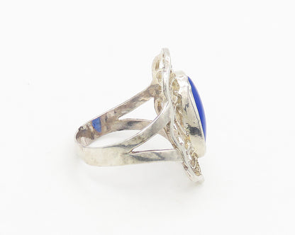 925 Sterling Silver  Vintage Blue Stone Floral Cocktail Ring Sz 8  RG18308