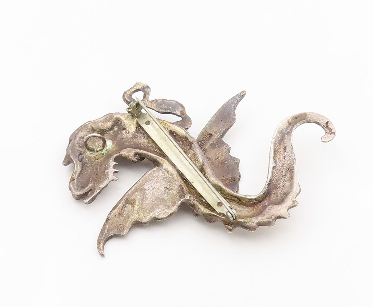 925 Sterling Silver Vintage Brooch Antique Etched Flying Dragon Pin  BP12115