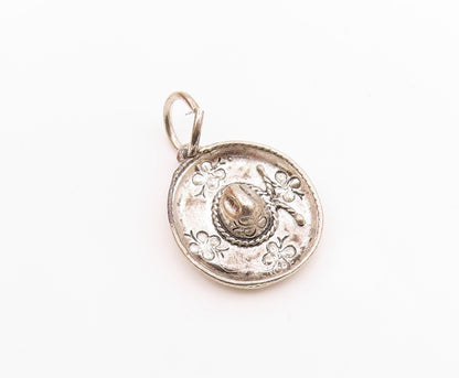925 Sterling Silver  Vintage Shiny Floral Patterned Sombrero Pendant  PT16517