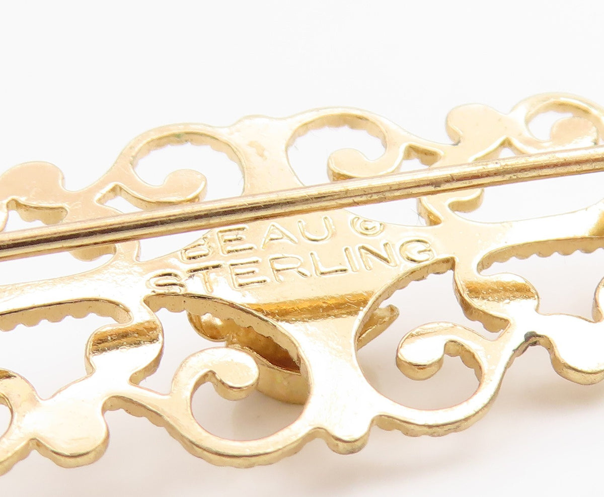 925 Sterling Silver Vintage Brooch BEAU Gold Plated Rose Filigree Pin   BP11973