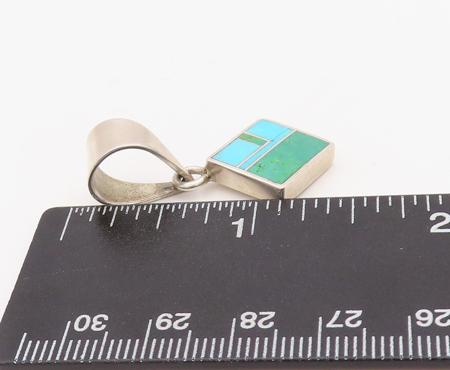 925 Sterling Silver Vintage Pendant NAVAJO Rectangular Inlay Turquoise  PT23494
