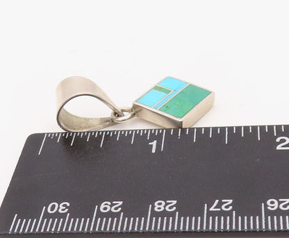 925 Sterling Silver Vintage Pendant NAVAJO Rectangular Inlay Turquoise  PT23494