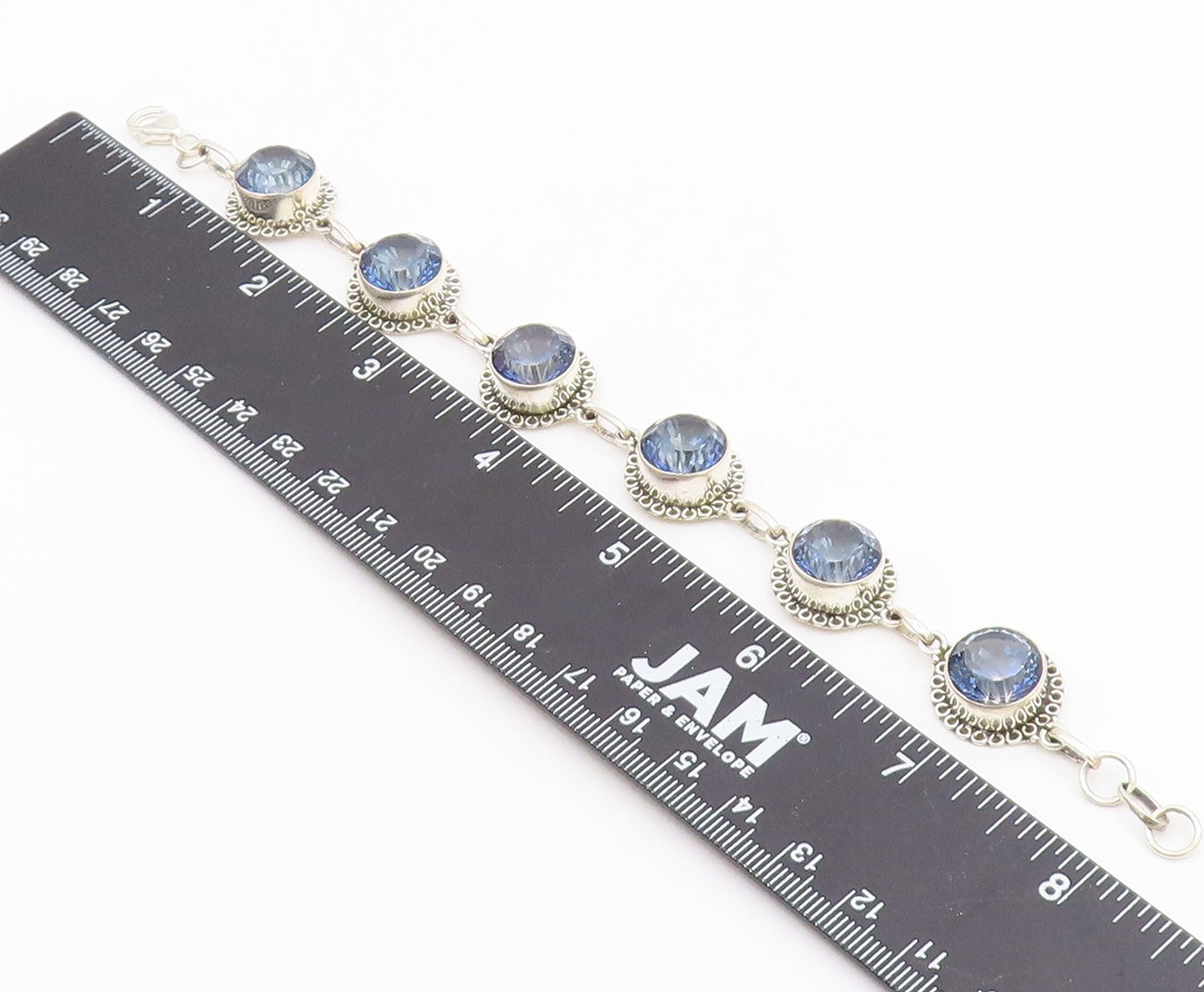925 Sterling Silver Faceted Blue Topaz Shiny Floral Chain Bracelet BT3815