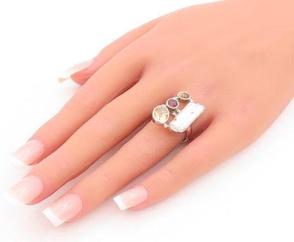 925 Sterling Silver Vintage Ring Amorphas Mother Of Pearl Gemstones Sz 7 RG29211
