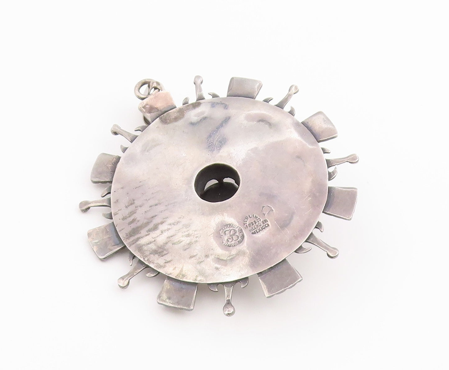925 Sterling Silver Vintage Pendant LOS BALLESTEROS Onyx Large Aztec Sun PT26375