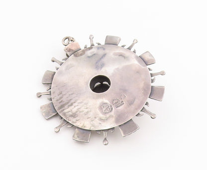 925 Sterling Silver Vintage Pendant LOS BALLESTEROS Onyx Large Aztec Sun PT26375