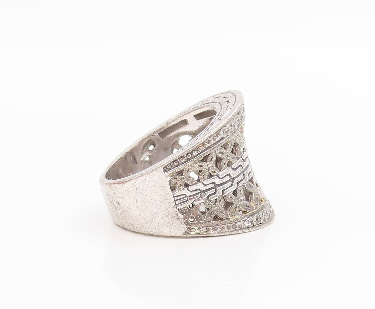 925 Sterling Silver Vintage Ring CZ Floral Openwork Wide Band  Sz 8.5  RG34372