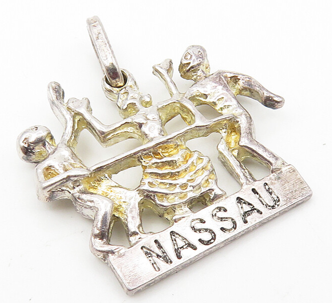 925 Sterling Silver  Vintage Shiny Nassau Dancing People Drop Pendant  PT8208