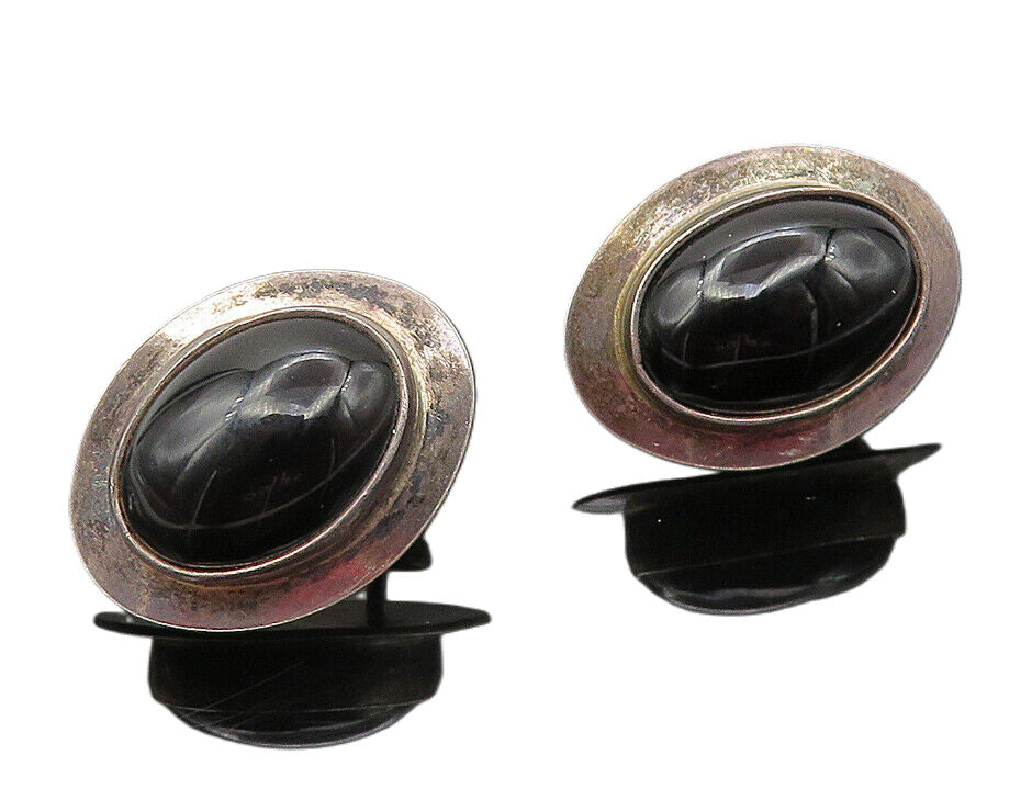 MEXICO 925 Sterling Silver  Vintage Black Onyx Non Pierce Drop Earrings EG5938