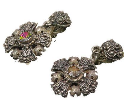 JERUSALEM 925 Silver  Vintage Antique Topaz Cross Non Pierce Earrings  EG10948