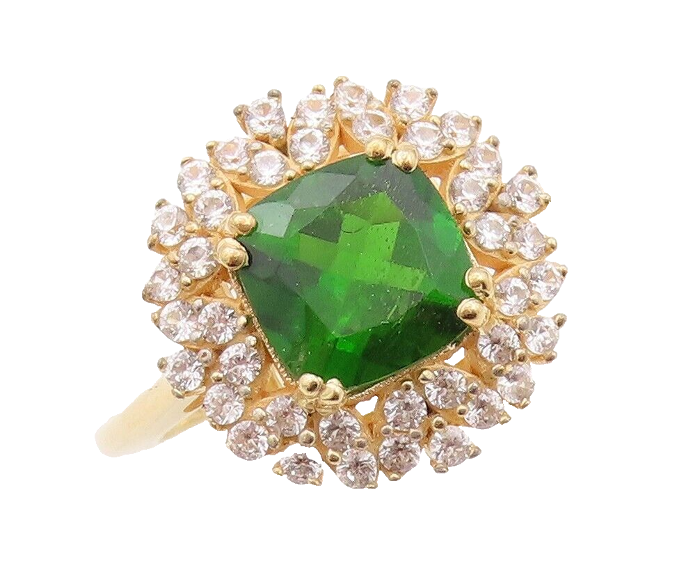 925 Sterling Silver Vintage Ring Gold Plated Green White CZ Flower Sz 7  RG30068