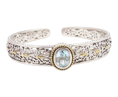 925 Sterling Silver Vintage Bracelet Two Tone Blue Topaz Openwork Cuff  BT11892