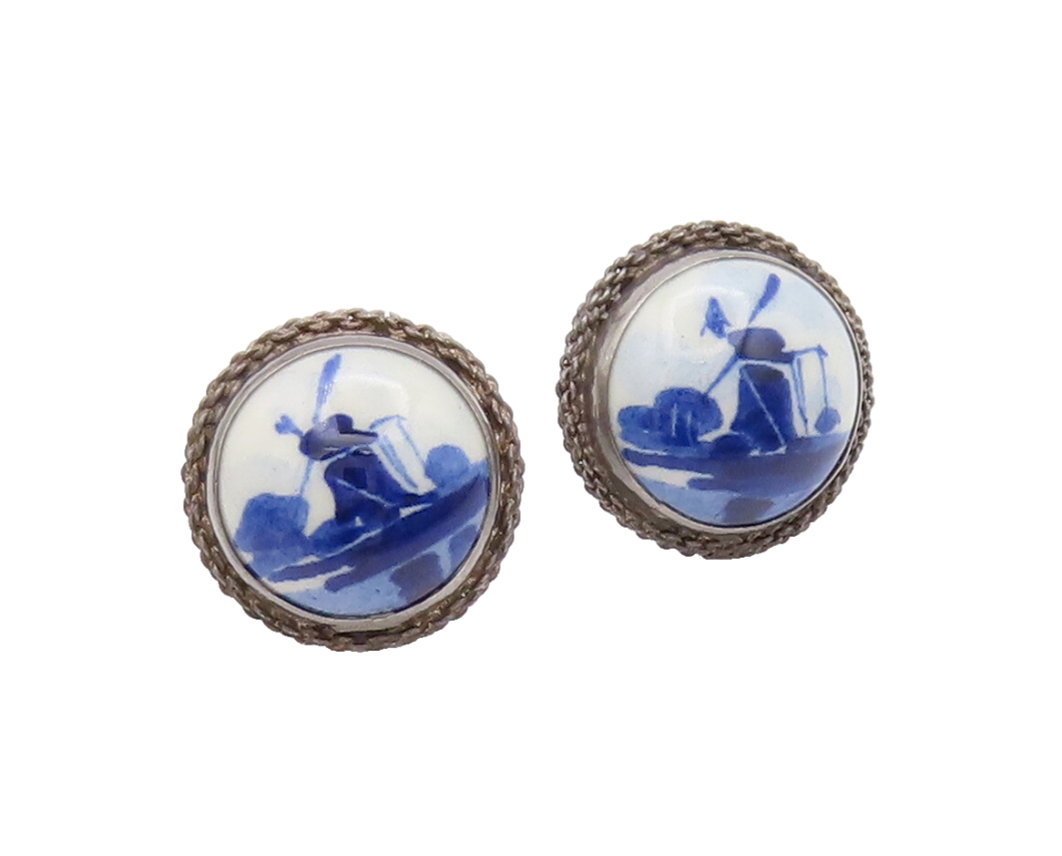 HOLLAND 925 Silver  Vintage Painted Dome Halo Twisted Rope Earrings  EG12698