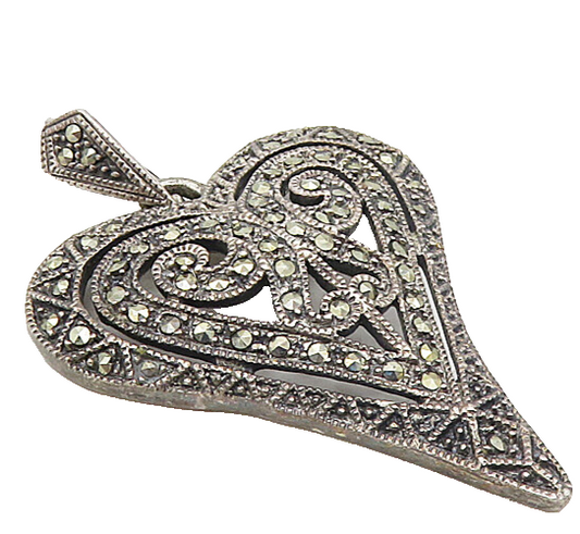 925 Sterling Silver  Vintage Marcasite Decorated Love Heart Pendant  PT6731